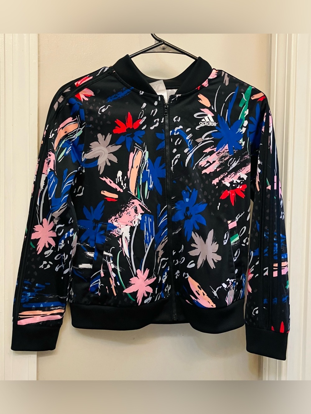 Girls Like New Adidas 3 Striped Black Floral Jacket , Beautiful Colors, Size 16